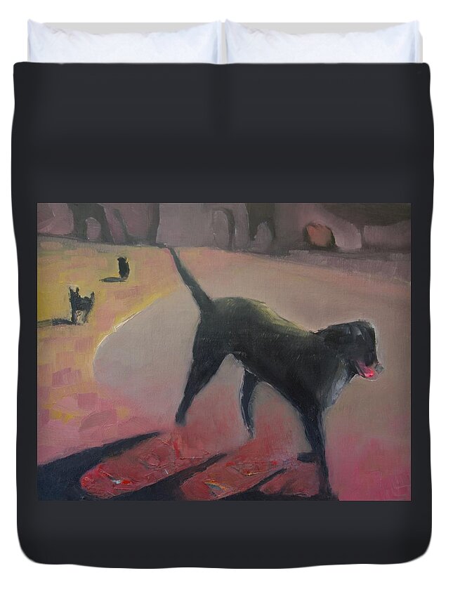 Dogs Duvet Cover featuring the painting Shadow dancer by Suzy Norris
