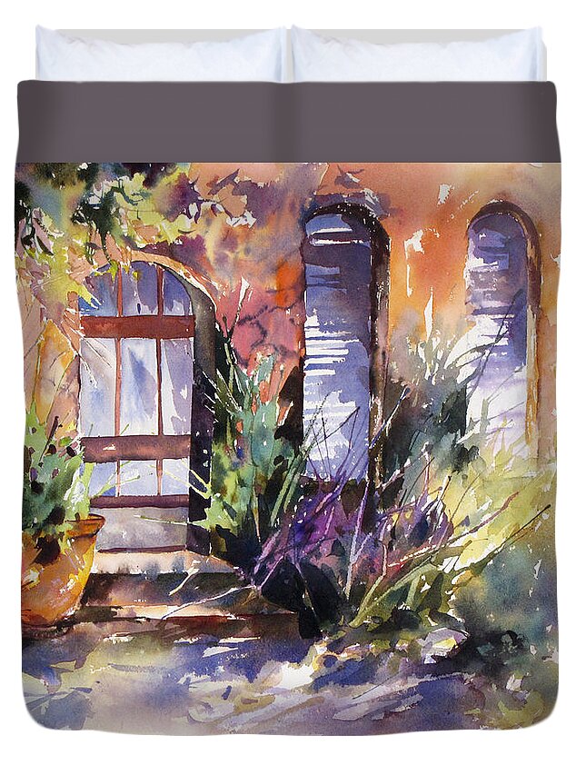 Landscape Duvet Cover featuring the painting Shadowed Welcome by Rae Andrews