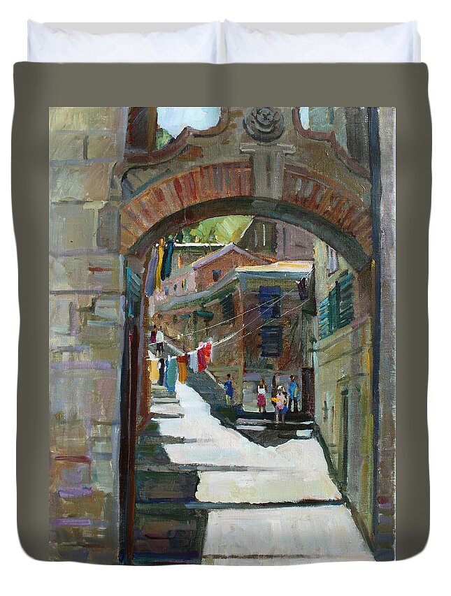 Landscape Duvet Cover featuring the painting Shadows the old town by Juliya Zhukova