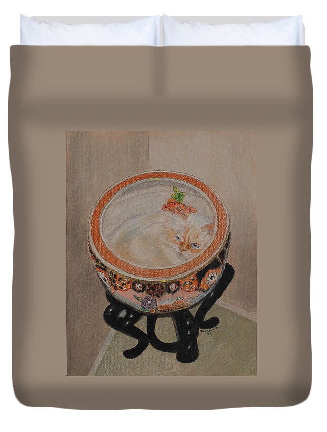 Cat Duvet Cover featuring the drawing Shakespeare in a Chinese Fishbowl by Quwatha Valentine