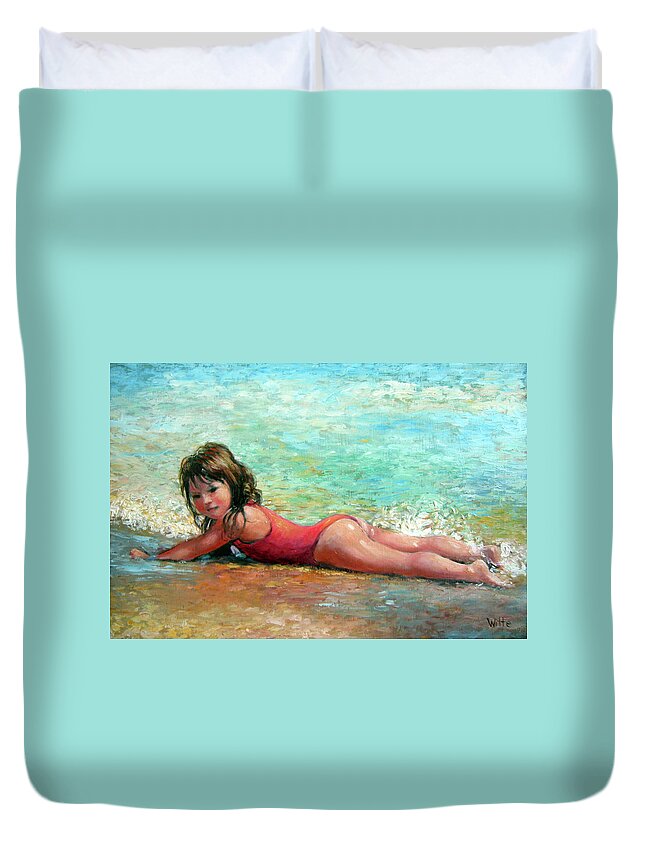 Child In Surf Duvet Cover featuring the painting Shallow Surf by Marie Witte