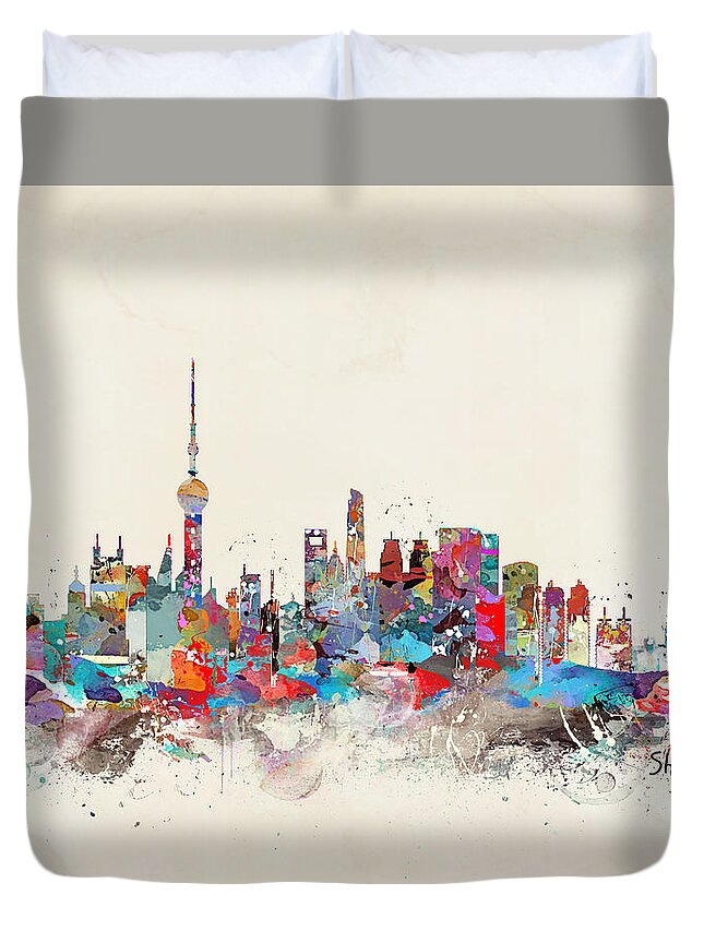 Shanghai City Skyline Duvet Cover featuring the painting Shanghai Skyline by Bri Buckley