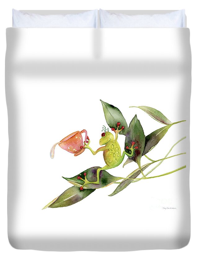 Frog Holding Cup Duvet Cover featuring the painting She Frog by Amy Kirkpatrick