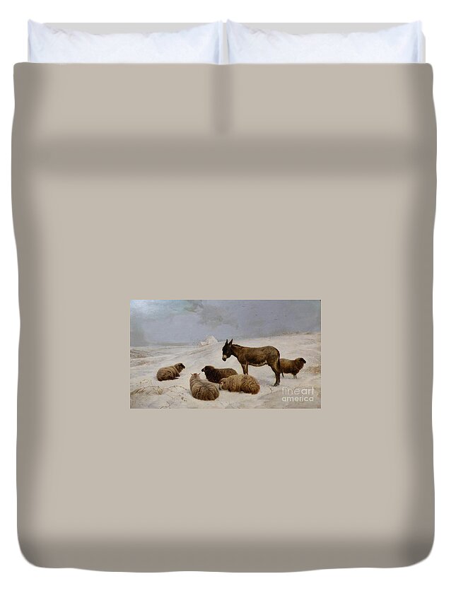 Charles Jones - Sheep And Donkey In A Winter Landscape Duvet Cover featuring the painting Sheep and Donkey in a Winter Landscape by MotionAge Designs