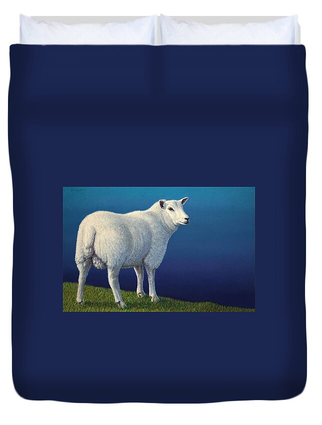Sheep Duvet Cover featuring the painting Sheep at the edge by James W Johnson