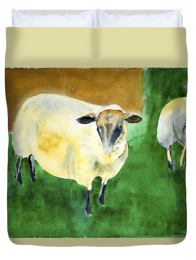 Duvet Cover featuring the painting Sheep by the Wall by Kathleen Barnes