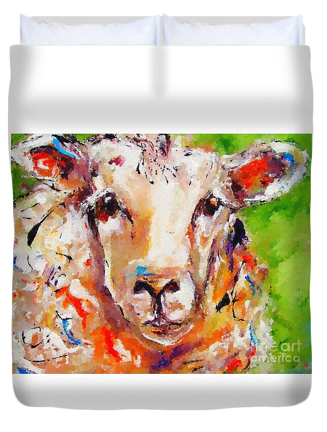 Sheep Duvet Cover featuring the painting Curious Irish sheep available as a signed and numbered print on canvas see www.pixi-art.com by Mary Cahalan Lee - aka PIXI
