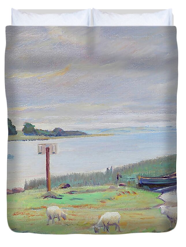 Painting Duvet Cover featuring the painting Sheep Near Fjord by Mountain Dreams