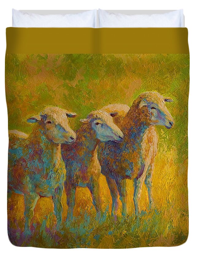 Llama Duvet Cover featuring the painting Sheep Trio by Marion Rose