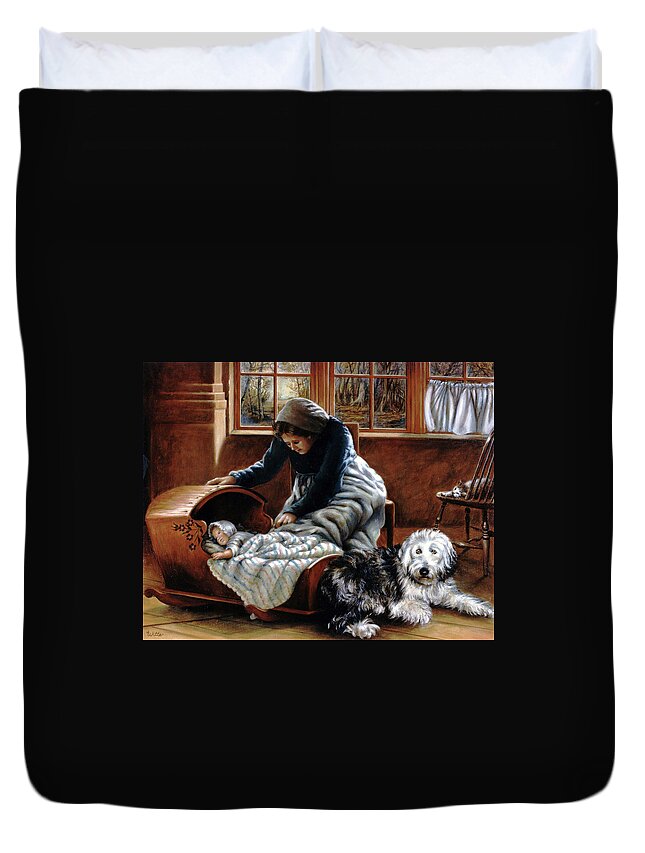 Sheepdog With Baby Duvet Cover featuring the painting Sheepdog Guard by Marie Witte