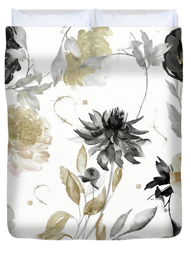 Gold Floral Duvet Cover featuring the painting Shelby Gold and Black by Mindy Sommers