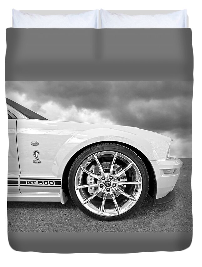 Shelby Duvet Cover featuring the photograph Shelby GT500 Wheel Black and White by Gill Billington
