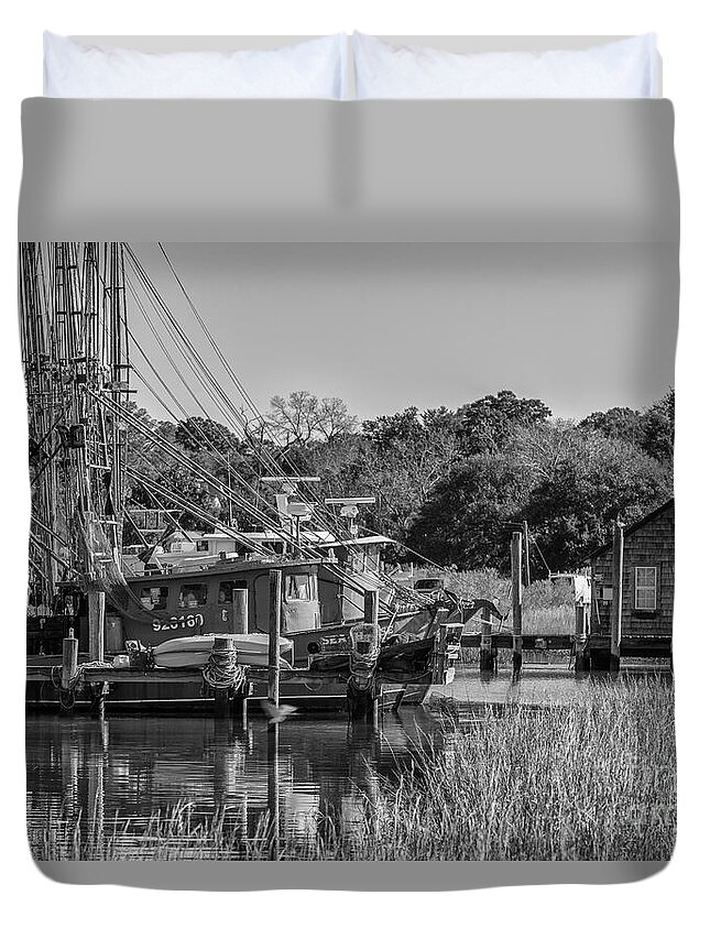 Shem Creek Duvet Cover featuring the photograph Shem Creek Black and White by Dale Powell