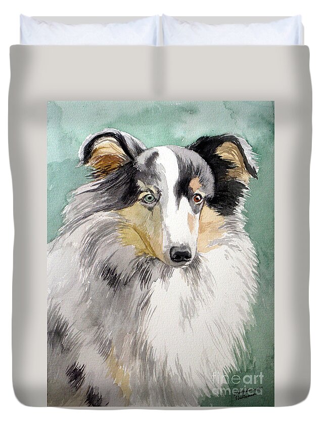 Dog Duvet Cover featuring the painting Shetland Sheep Dog by Christopher Shellhammer