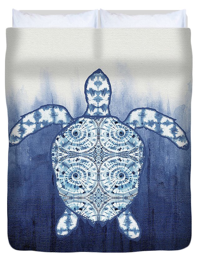 Shibori Duvet Cover featuring the painting Shibori Blue 1 - Patterned Sea Turtle over Indigo Ombre Wash by Audrey Jeanne Roberts