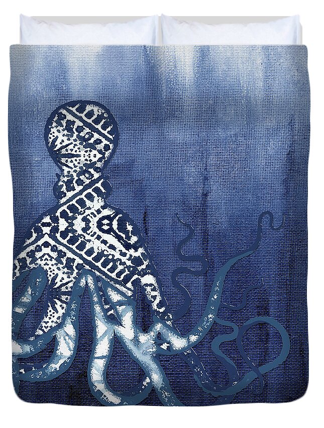 Octopus Duvet Cover featuring the painting Shibori Blue 2 - Patterned Octopus over Indigo Ombre Wash by Audrey Jeanne Roberts