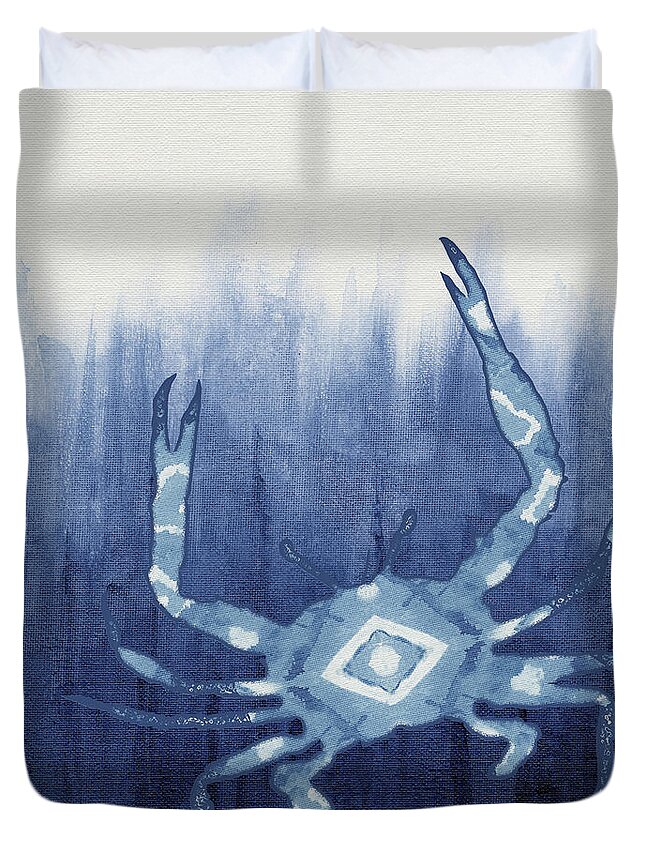 Blue Crab Duvet Cover featuring the painting Shibori Blue 4 - Patterned Blue Crab over Indigo Ombre Wash by Audrey Jeanne Roberts