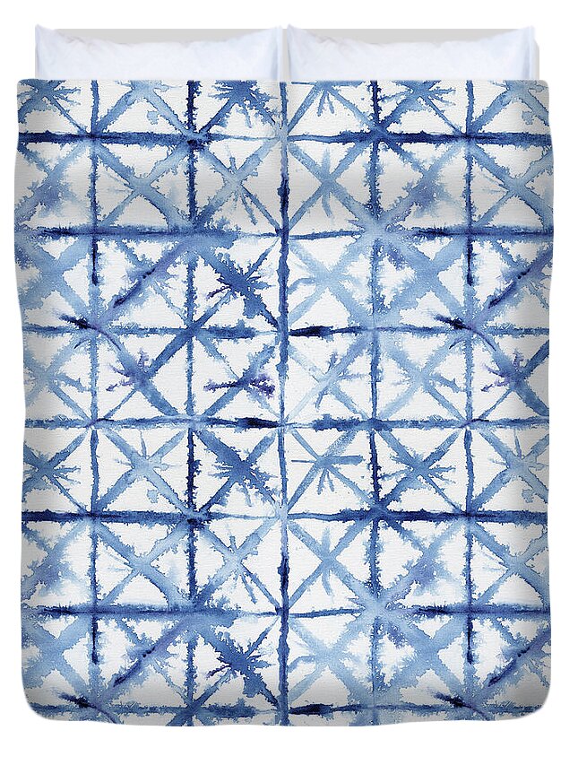 Shibori Duvet Cover featuring the painting Shibori Kubo Watecolor X Pattern Line Work Indigo Blue by Audrey Jeanne Roberts