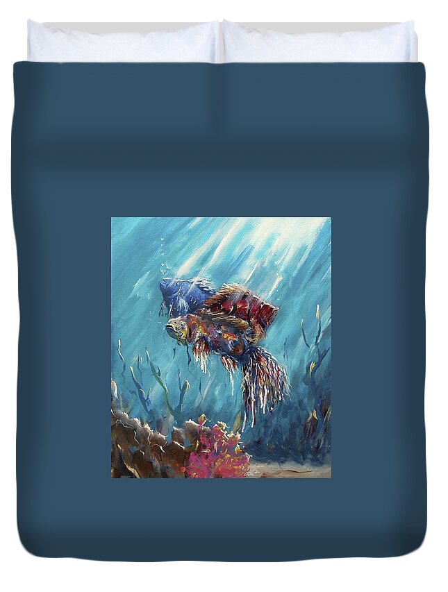 Miroslaw Chelchowski Shine Trough The Ocean Acrylic On Canvas Seascape Fish Tropical Light Blue Beauty Seaweed Water Under The Sea Life Red Colors Three Pink Painting Print Duvet Cover featuring the painting Shine trough the ocean by Miroslaw Chelchowski