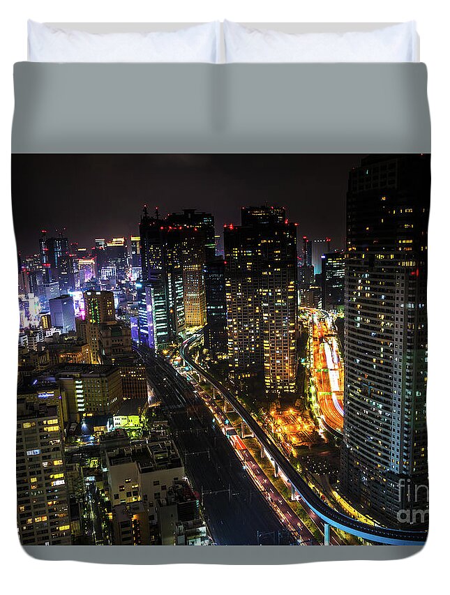 Tokyo Skyline Duvet Cover featuring the photograph Shiodome skyline Tokyo by Benny Marty
