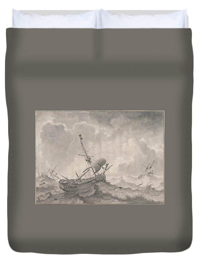 Ludolf Bakhuizen Duvet Cover featuring the drawing Ships on a Stormy Sea by Ludolf Bakhuizen