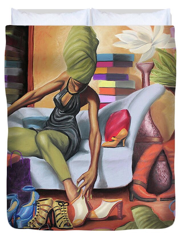 Black Duvet Cover featuring the painting Shoe Addict by Dion Pollard