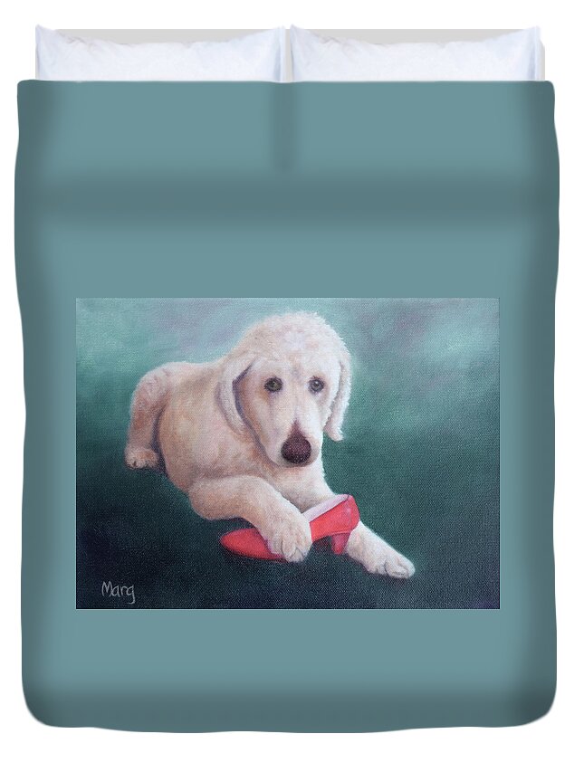 Dog With Shoe Duvet Cover featuring the painting Shoe Fetish by Marg Wolf