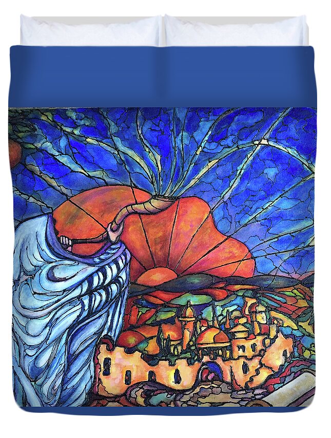 Painting Duvet Cover featuring the painting Shofar by Rae Chichilnitsky