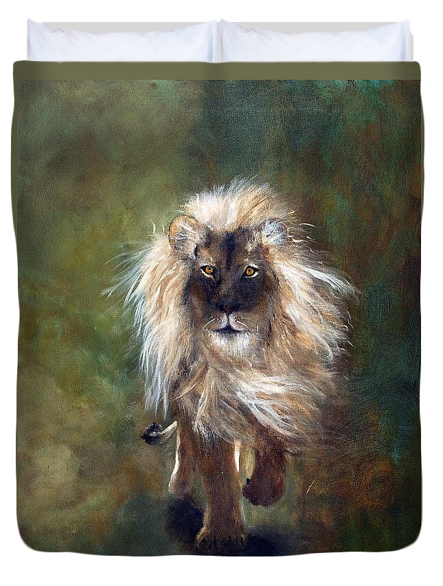 Lion Duvet Cover featuring the painting Shombay the Lion by Barbie Batson