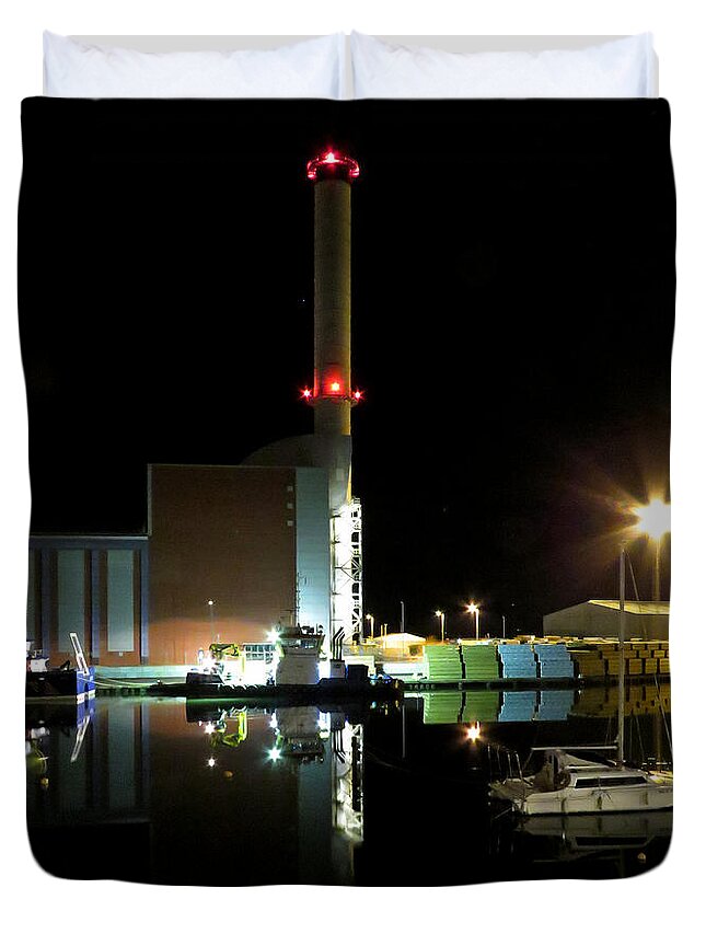 Shoreham Power Station Duvet Cover featuring the photograph Shoreham Power Station Night Reflection by John Topman