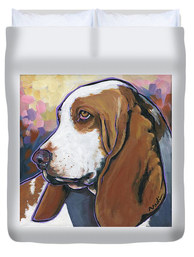 Basset Hound Duvet Cover featuring the painting Shorty by Nadi Spencer
