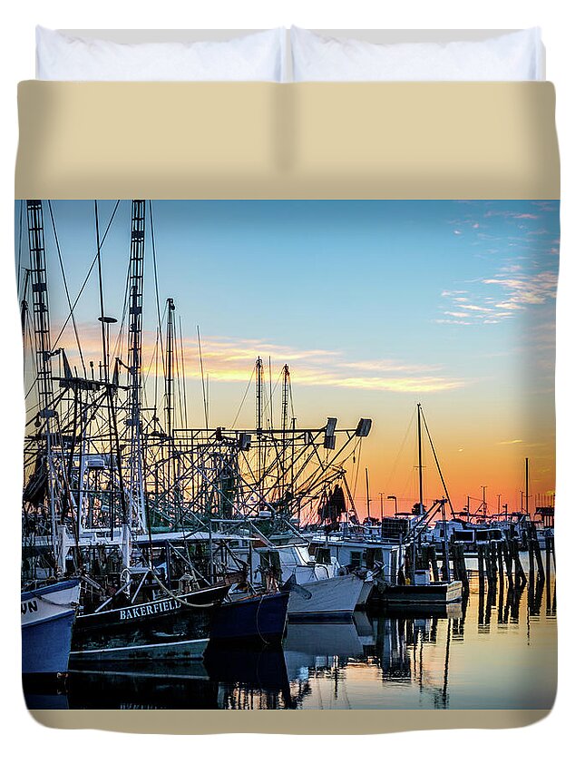 Sunset Duvet Cover featuring the photograph Shrimp Boat Lineup by JASawyer Imaging