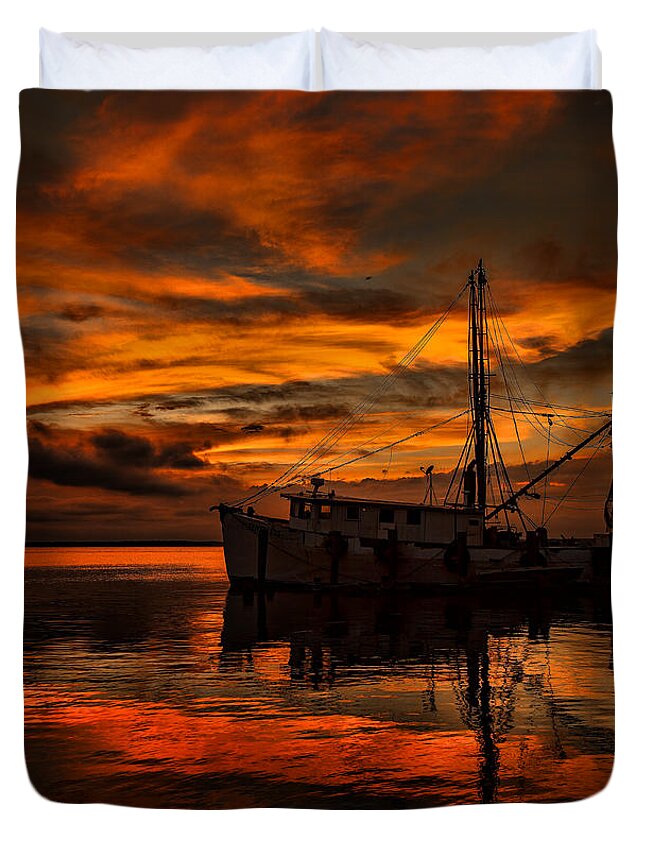 Art Prints Duvet Cover featuring the photograph Shrimp Boat Sunset by Dave Bosse
