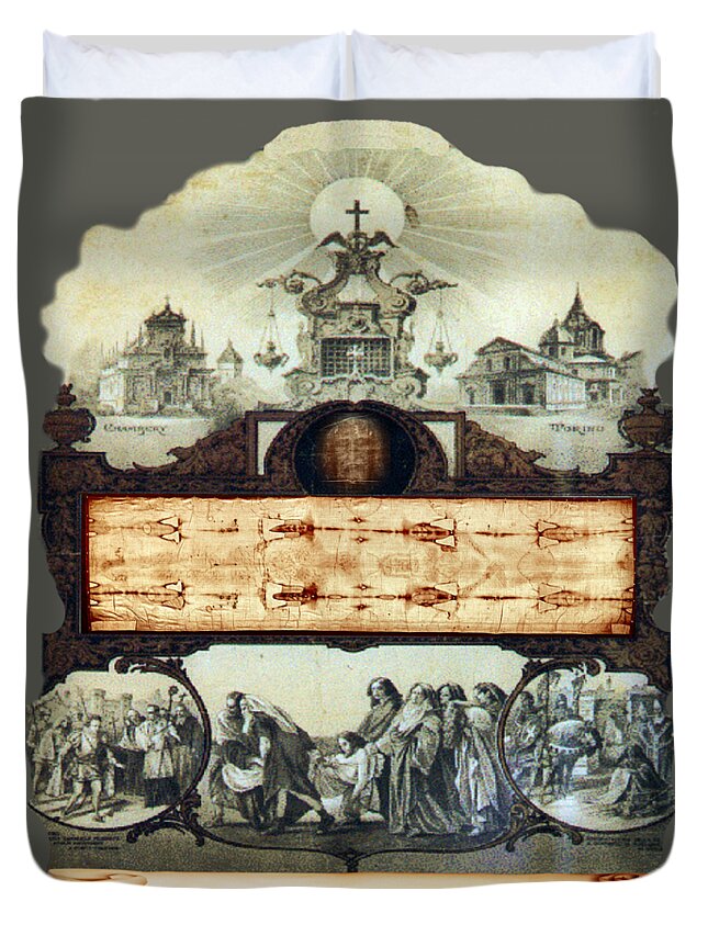 Jesus Duvet Cover featuring the mixed media Shroud of Turin Sudarium Jesus Christ Resurrection Poster 19c by Hw