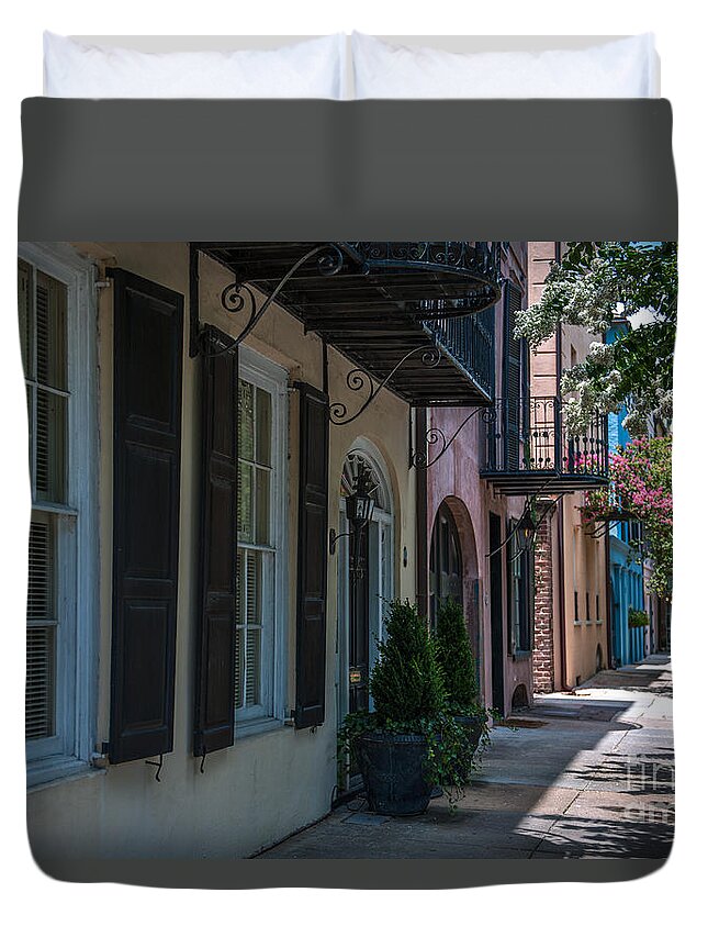 Rainbow Row Duvet Cover featuring the photograph Sidewalk Stroll by Dale Powell