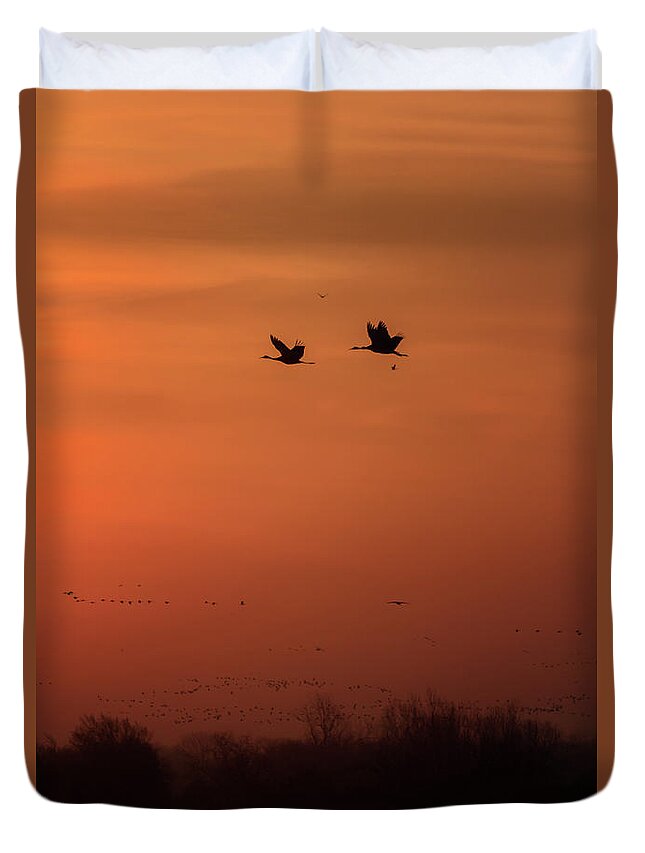 Sandhill Cranes Duvet Cover featuring the photograph Sienna Skies #3 by Susan Rissi Tregoning