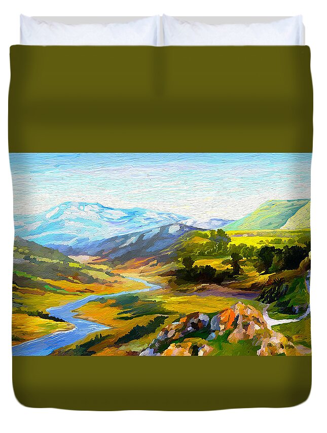 Green Duvet Cover featuring the painting Sights and Sounds by Anthony Mwangi