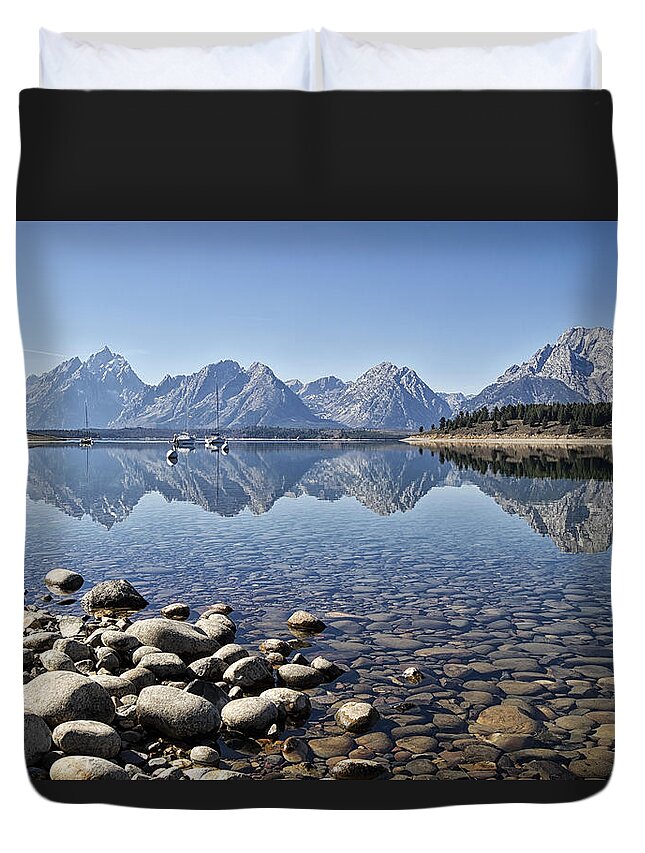 Tetons Duvet Cover featuring the photograph Jackson Lake near Signal Mountain Lodge by Shirley Mitchell
