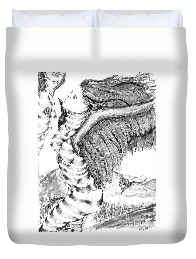 Surreal Duvet Cover featuring the drawing Silent Flight by Ronald Bissett