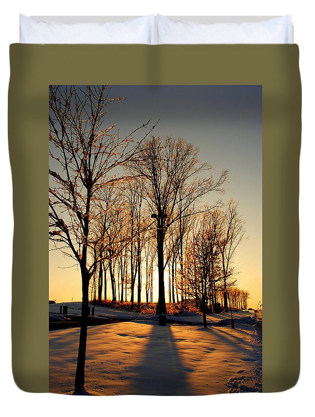 Silhouette Duvet Cover featuring the photograph Silhouette of Trees and Ice II by Frozen in Time Fine Art Photography