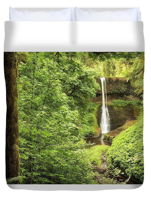 Silver Creek Falls Duvet Cover featuring the photograph Silver Falls Through the Trees by Mary Jo Allen