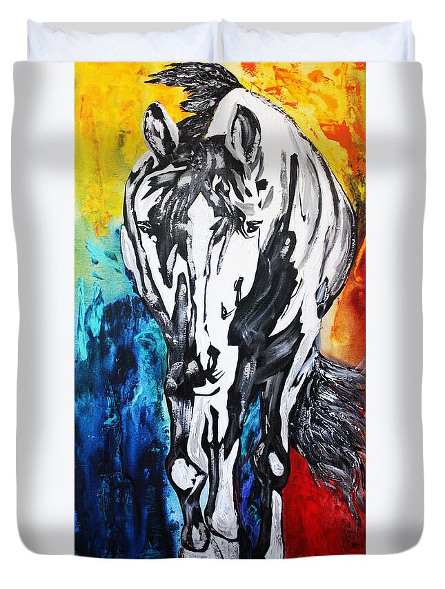 Home Design Duvet Cover featuring the painting Silver Horse by Kathleen Artist PRO