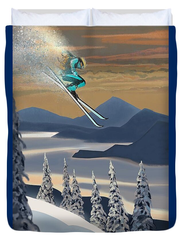 Retro Ski Art Duvet Cover featuring the painting Silver Star ski poster by Sassan Filsoof