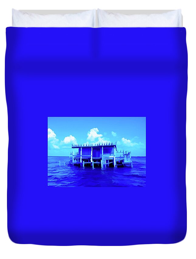 Stilt House Duvet Cover featuring the photograph Simply Blue No Vacancy at the Stilt House by Aimee L Maher ALM GALLERY