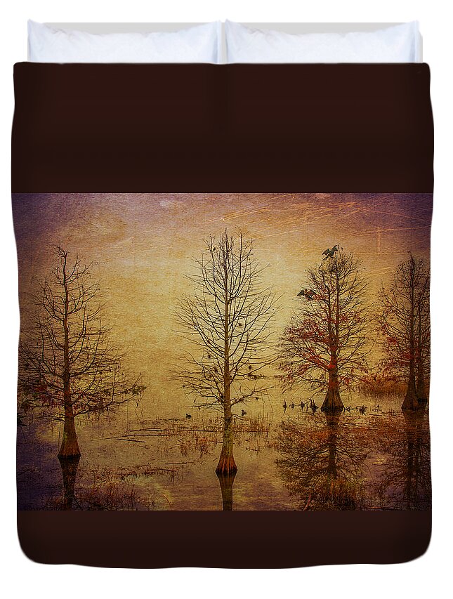 Trees Birds Water Textures Reflections Moody Fog Duvet Cover featuring the photograph Simply trees by Carolyn D'Alessandro