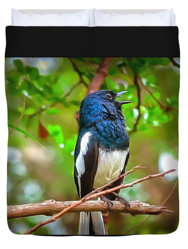 Bird Duvet Cover featuring the digital art Singing Ceylonese Robin-Magpie by Sarah Sever