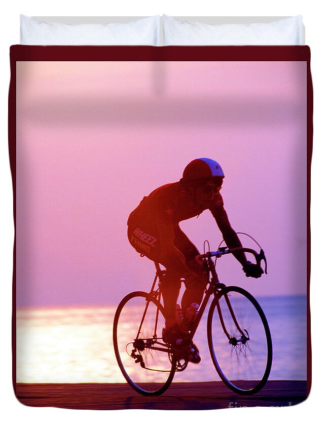 Single Duvet Cover featuring the photograph Single Bike Rider Chicago Lake Front by Tom Jelen