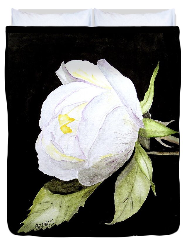 Rose Duvet Cover featuring the painting Single white Bloom by Carol Grimes