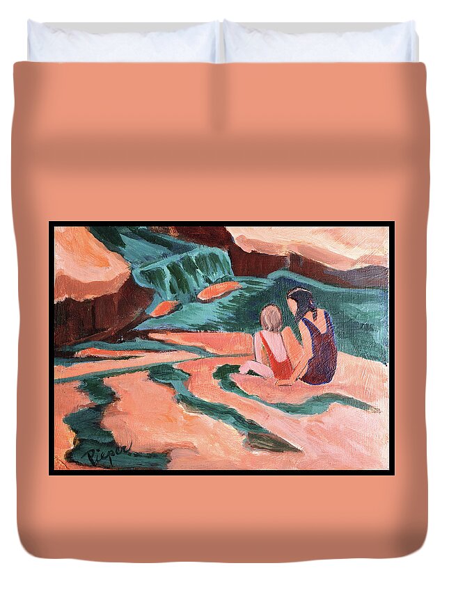 Slide Rock State Park Duvet Cover featuring the painting Sisters at Slide Rock by Betty Pieper
