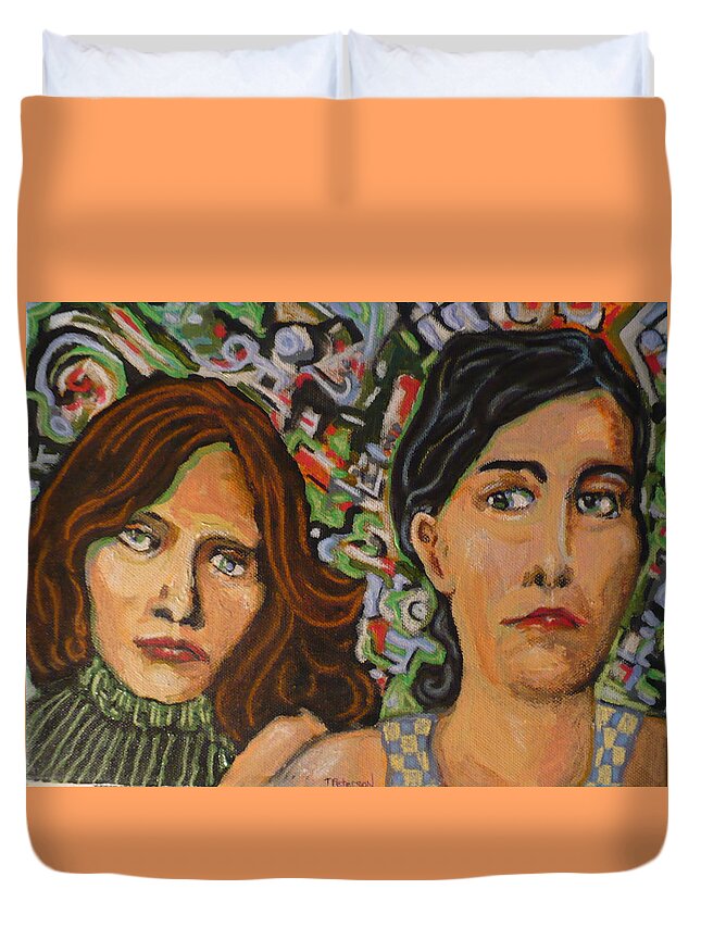 Mixed Duvet Cover featuring the painting Sisters In Art by Todd Peterson
